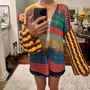 Rose Carmine Multicolored Open Front Crochet Cardigan one size